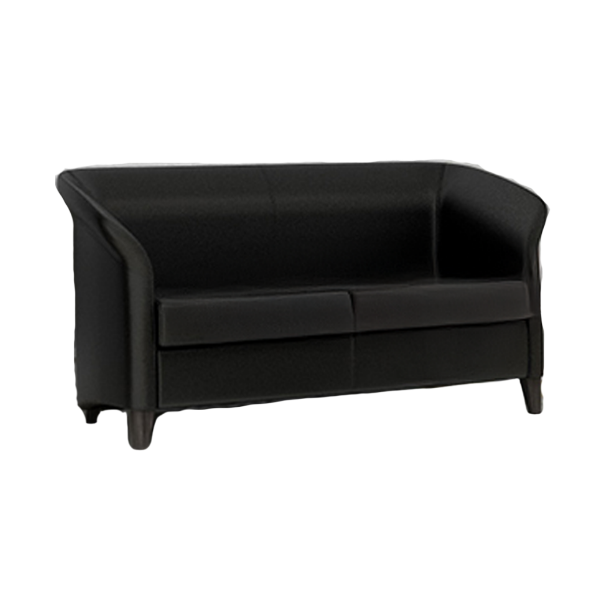 A sleek, modern black sofa with curved armrests and minimalist design set against a plain white background, conveying a contemporary and elegant tone.