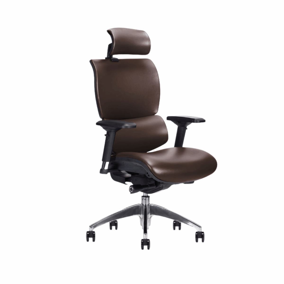 Brown ergonomic office chair with headrest, adjustable armrests, and a five-wheel chrome base. Sleek, modern design suggests comfort and support.
