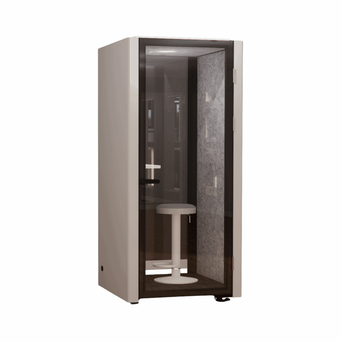 Compact soundproof phone booth with a glass door, featuring a white stool and gray interior. Designed for privacy in office spaces; minimalist and modern.