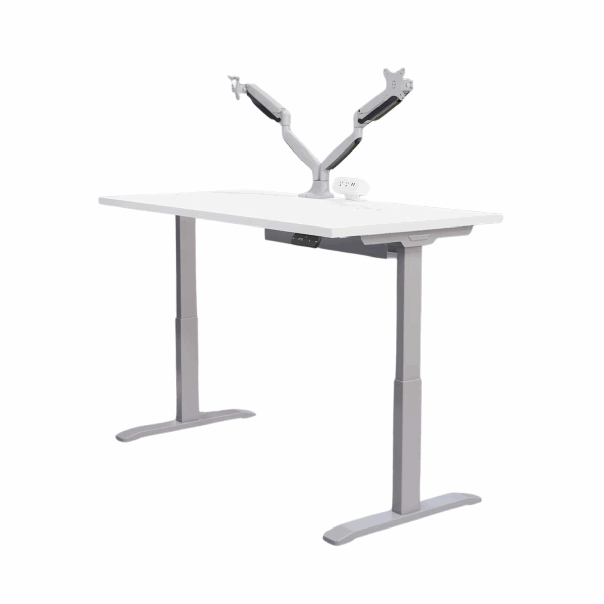 Adjustable white desk with sleek, modern design, featuring gray dual monitor arms and built-in USB ports, conveying a tech-savvy, minimalist style.