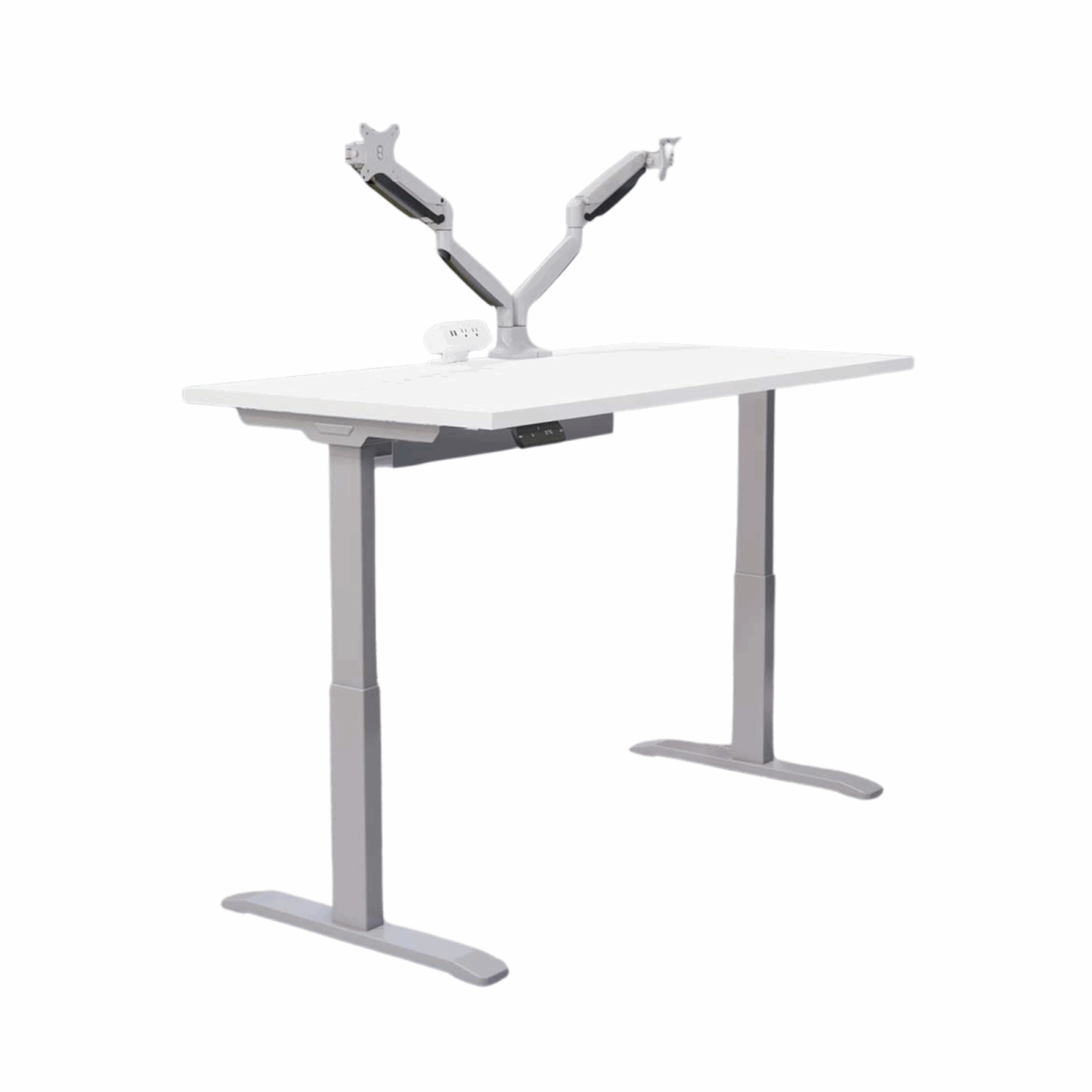 Adjustable white desk with sleek, modern design, featuring gray dual monitor arms and built-in USB ports, conveying a tech-savvy, minimalist style.