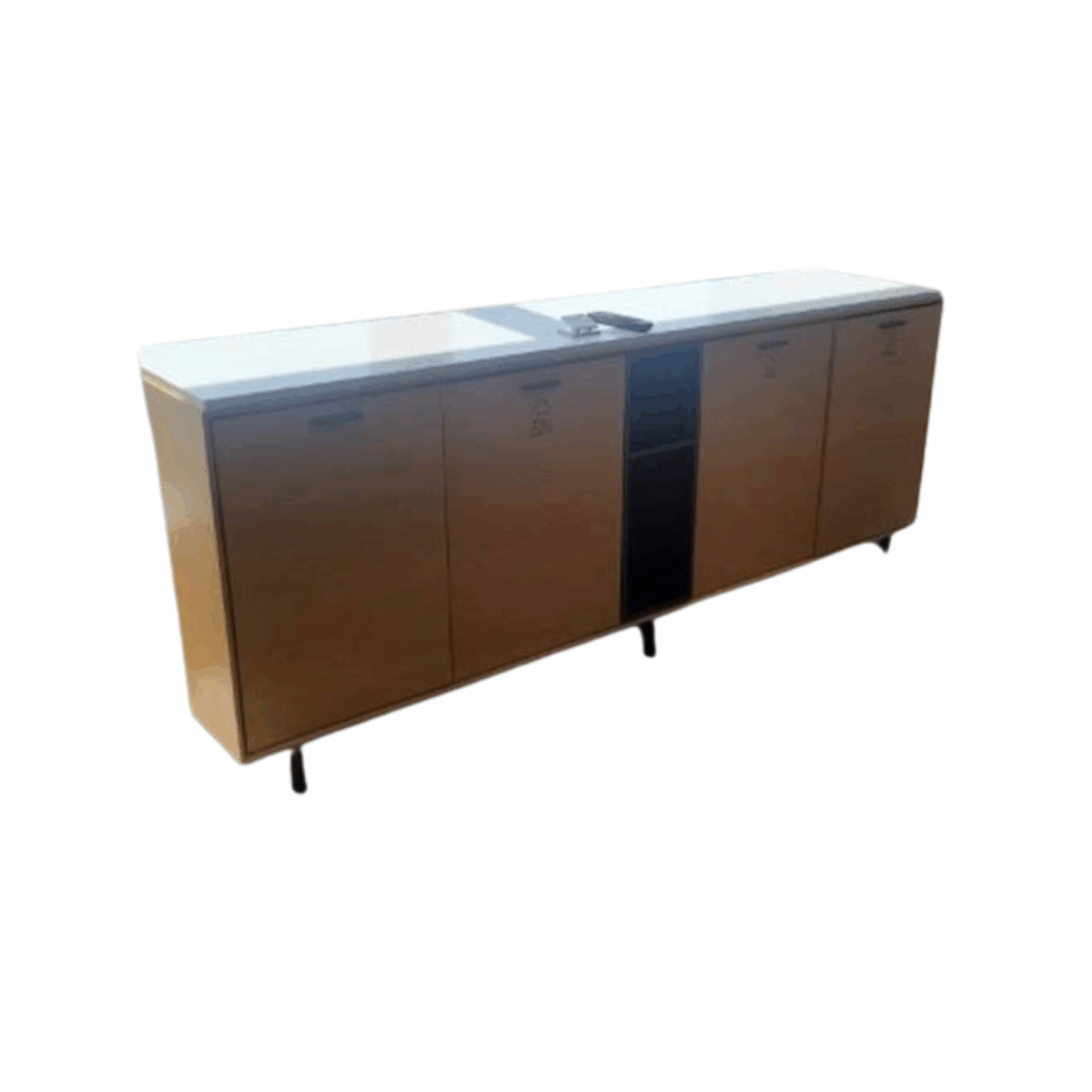 Wooden sideboard with four doors and a central open shelf, featuring a sleek white countertop and standing on black legs, conveying modern elegance.