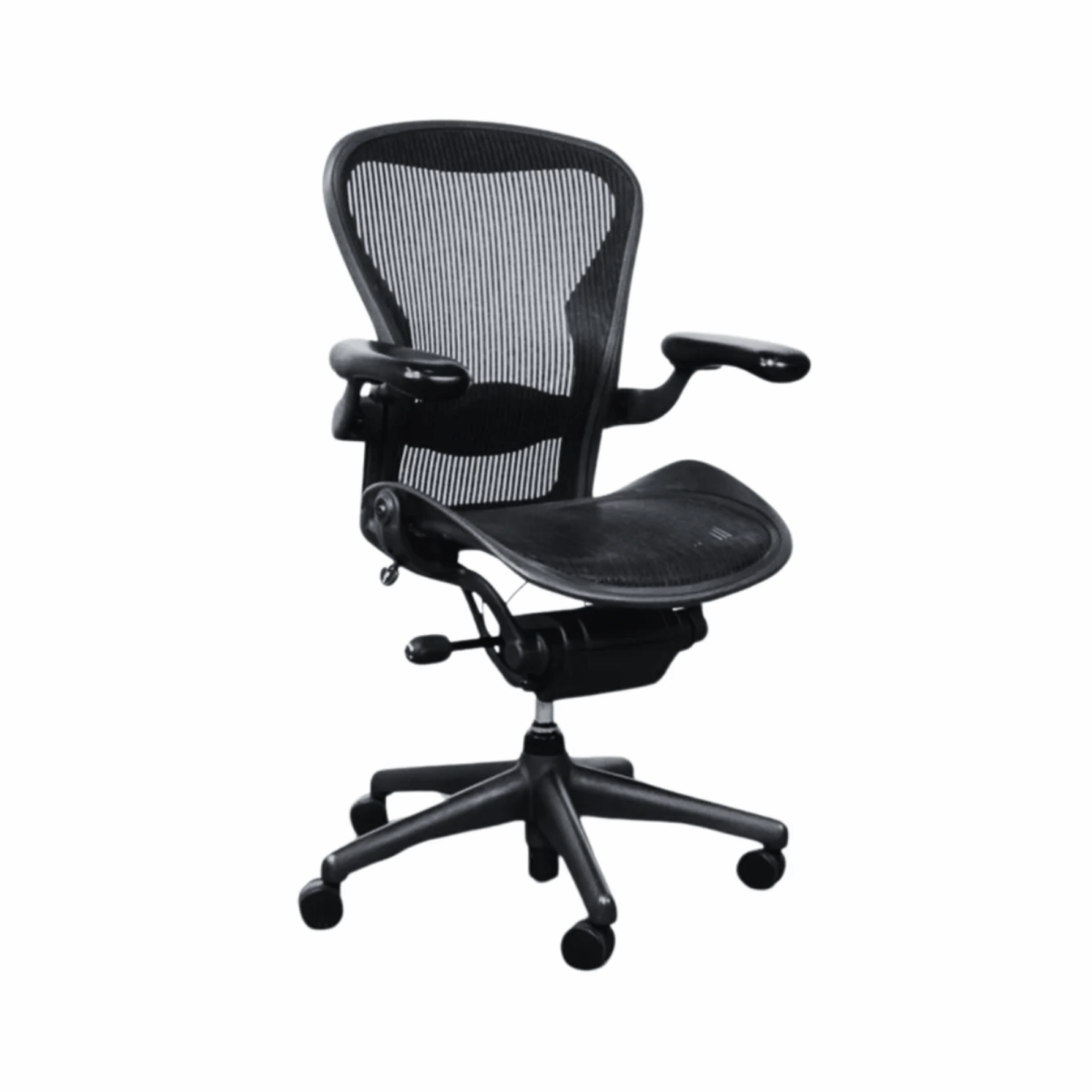 Ergonomic office chair with a mesh backrest and seat, adjustable armrests, and a five-wheel base, designed for comfort and support in workspaces.