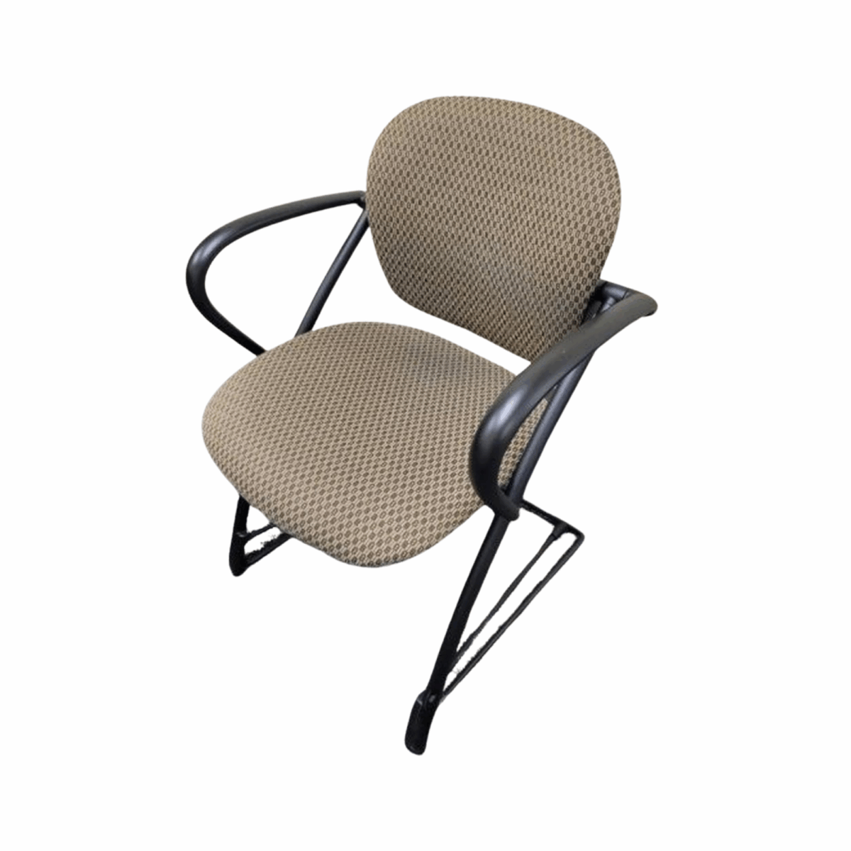 Modern office chair with beige, patterned fabric seat and backrest, black metal frame, and armrests, conveying a professional and sleek tone.