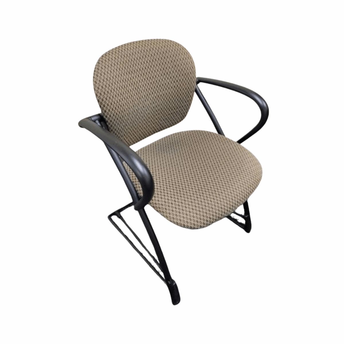 Modern office chair with beige, patterned fabric seat and backrest, black metal frame, and armrests, conveying a professional and sleek tone.