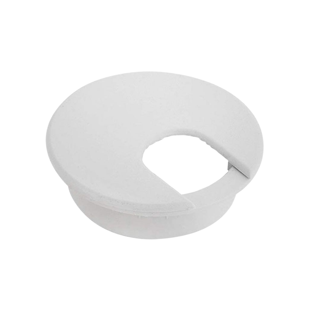 White plastic grommet with a round shape and an open slot is shown against a plain background. It is used to organize and protect cables on desks.