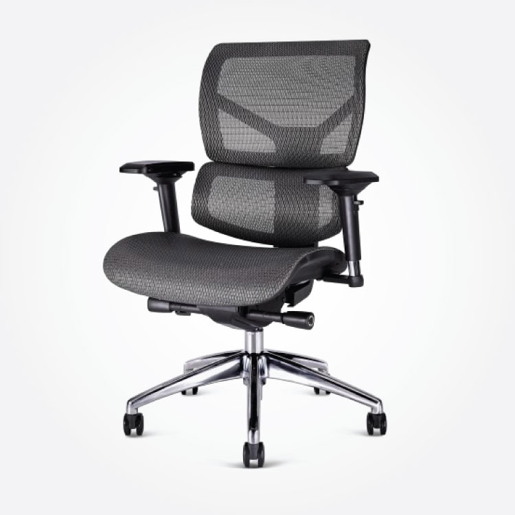 Modern ergonomic office chair with a black mesh backrest, padded seat, adjustable armrests, and chrome swivel base on wheels against a white background.