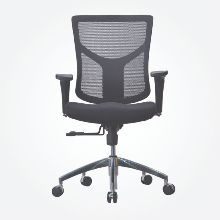 Modern ergonomic office chair with a black mesh backrest, padded seat, adjustable armrests, and chrome swivel base on wheels against a white background.