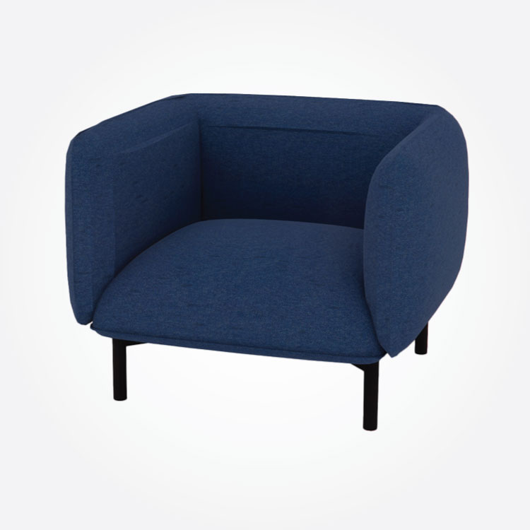 A modern armchair with deep blue upholstery, featuring a boxy shape and black metal legs. The minimalist design conveys a sleek, contemporary feel.