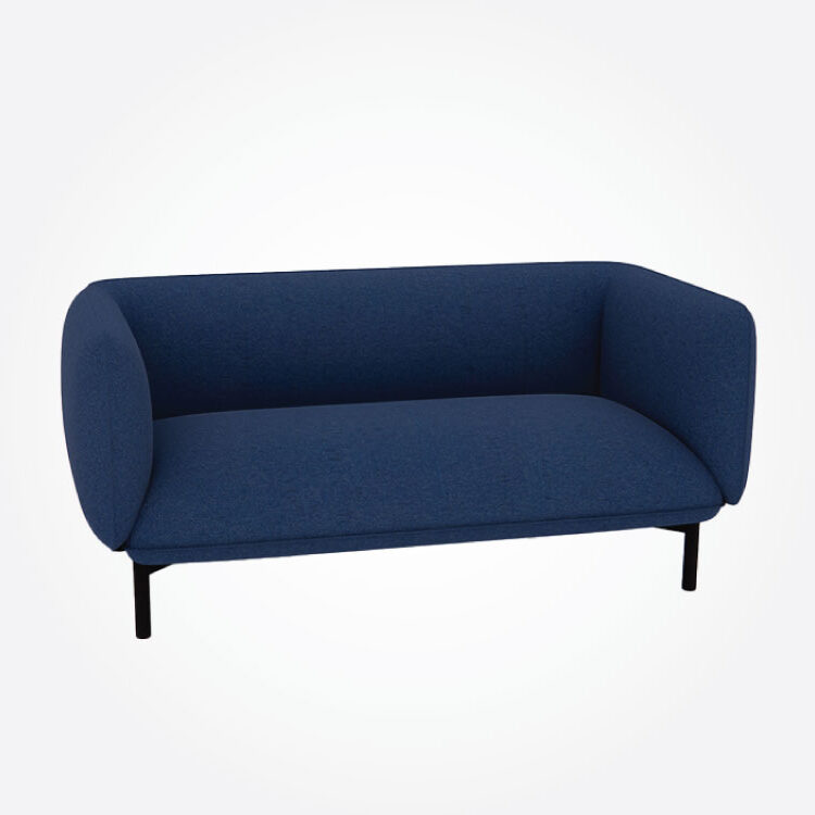 A modern blue sofa with rounded corners and minimalist black legs, set against a plain white background, conveying a sleek and contemporary feel.