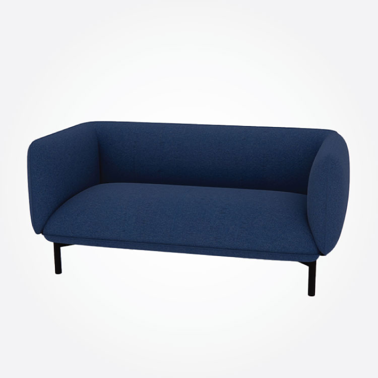 A modern blue sofa with rounded corners and minimalist black legs, set against a plain white background, conveying a sleek and contemporary feel.