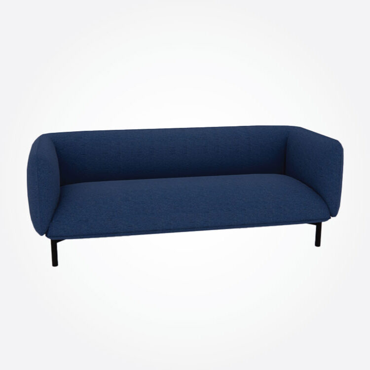 A modern blue sofa with rounded corners and minimalist black legs, set against a plain white background, conveying a sleek and contemporary feel.