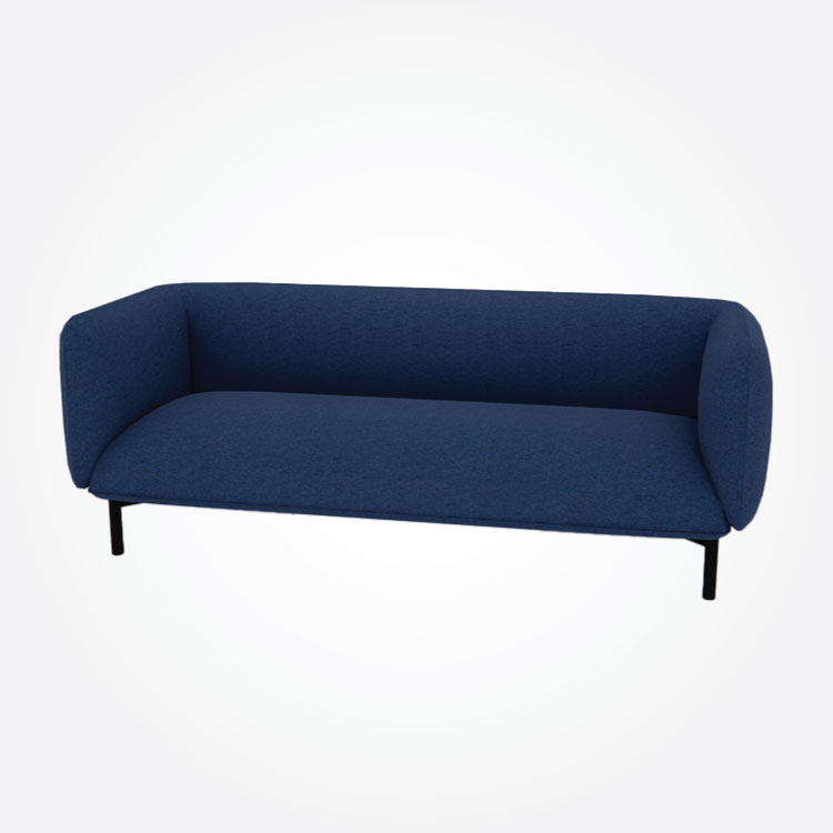 A modern blue sofa with rounded corners and minimalist black legs, set against a plain white background, conveying a sleek and contemporary feel.