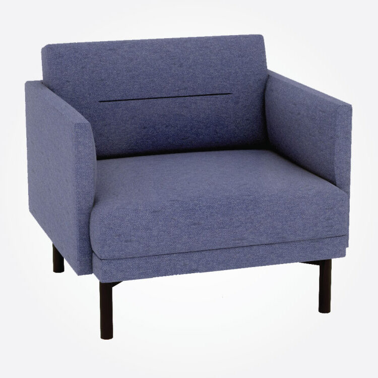 A modern, blue fabric armchair with a boxy design and cushioned back and armrests. It has slim, dark wooden legs, conveying a minimalist style.