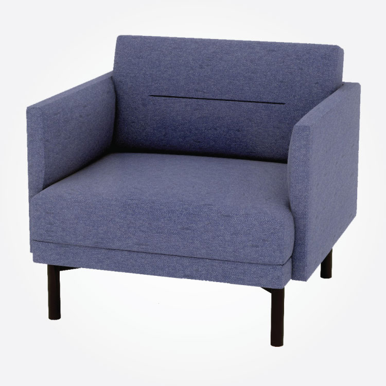A modern, blue fabric armchair with a boxy design and cushioned back and armrests. It has slim, dark wooden legs, conveying a minimalist style.