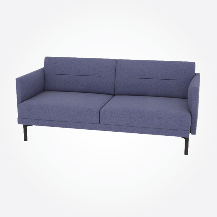 Blue modern two-seater sofa with sleek, minimalist design and black metal legs on a plain white background, conveying a contemporary, calm ambiance.