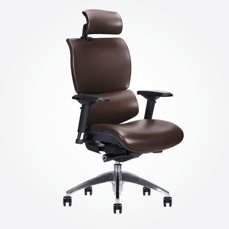 A brown ergonomic office chair with black armrests and a headrest. It features a high back and five caster wheels, set against a white background.