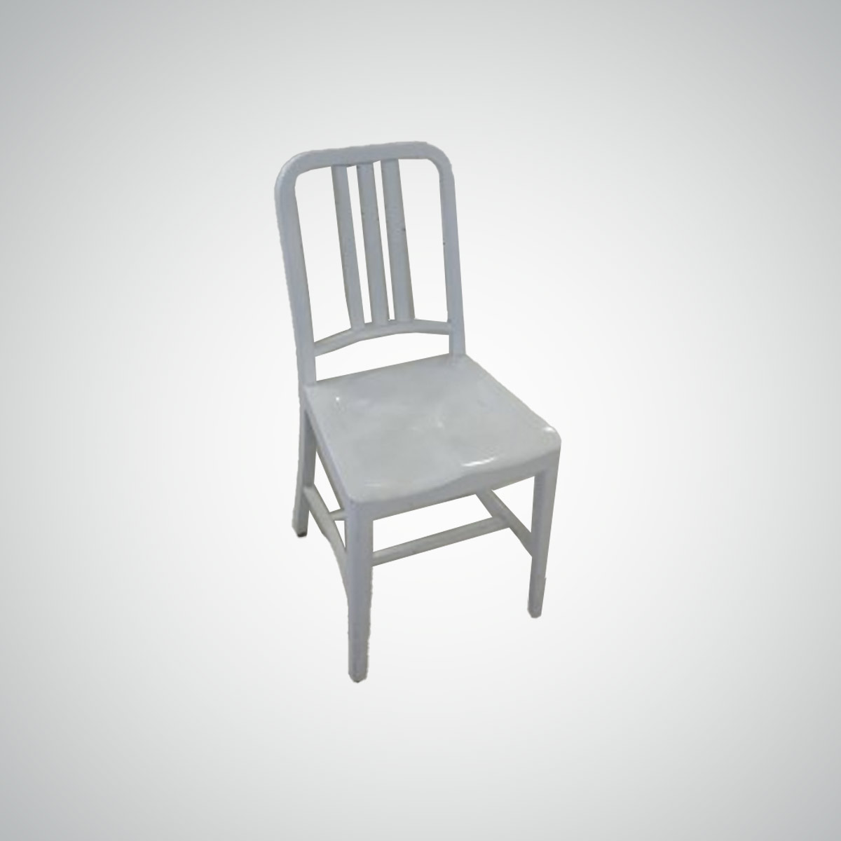 A simple, gray metal chair with a slatted backrest and squared seat is centered on a plain white background, conveying a minimalist tone.