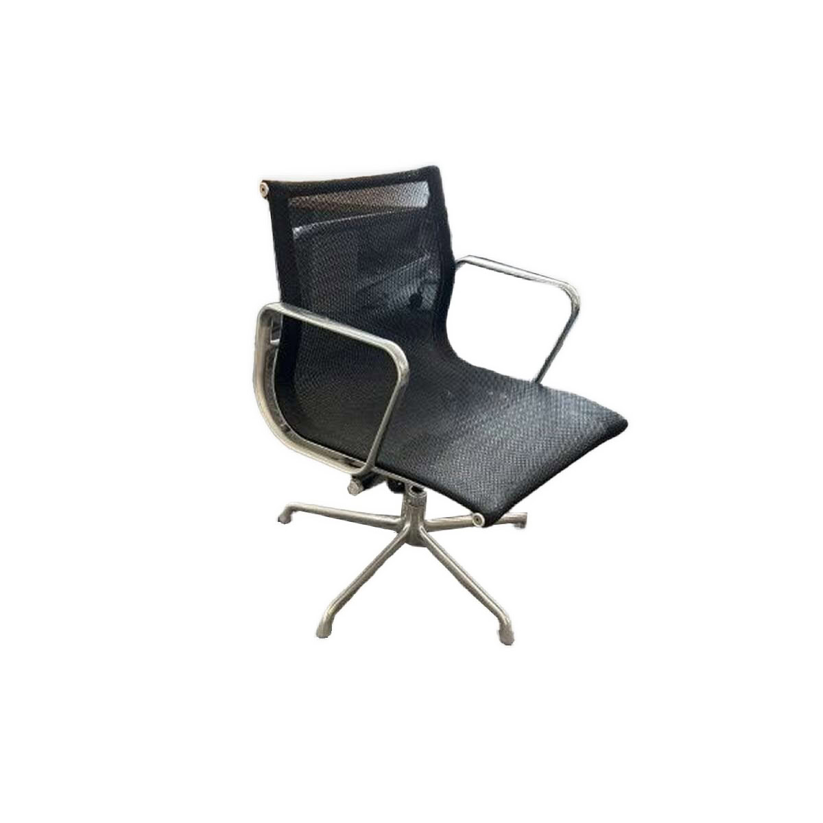 A modern black office chair with a sleek design, metal armrests, and a swivel base sits against a simple, light gray background.
