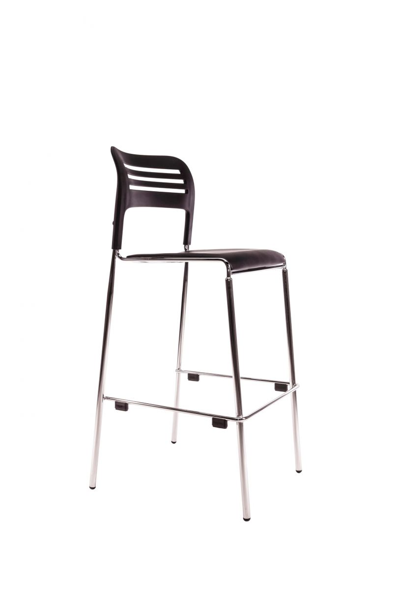 Sleek black bar stool with a curved, slatted backrest and chrome legs. Modern design, minimalist feel, suggests contemporary interior style.