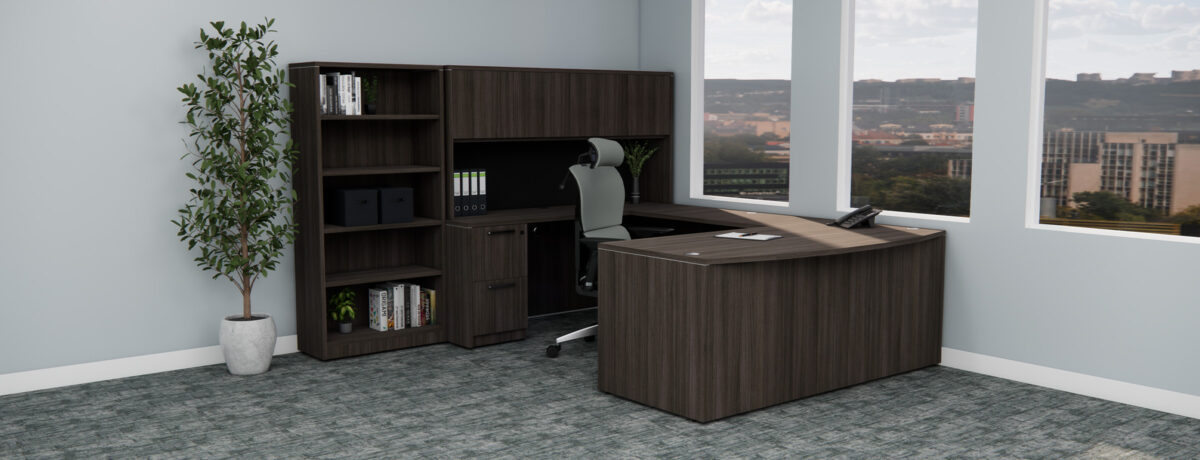 Executive U Shape Skyline Walnut Desk with hutch and bookcase in a private office 2400 w x920h