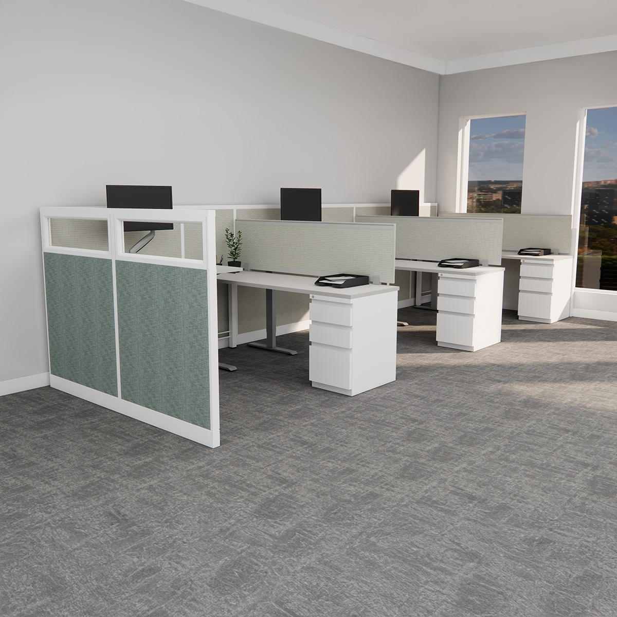 Office of Steelcase Avenir Cubicles Green fabric titles gray sit stands Glass stackers and Cream Fabric Titles white trim 1 1200x1200px