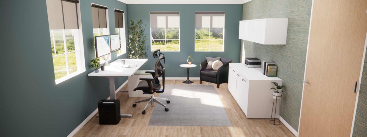 SINGLE HOME OFFICE SIT STAND with Charcoal Vegan Vito Chair LARGE BANNER