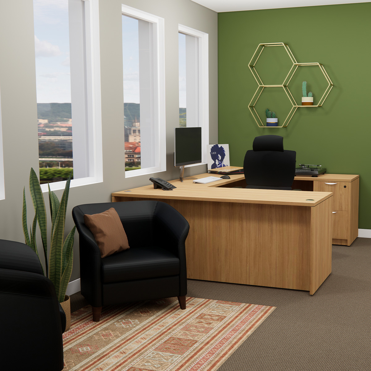 Modern office with wood desk, black chair, and green accent wall. Geometric shelves, potted plants, and sunlight through large windows add warmth.