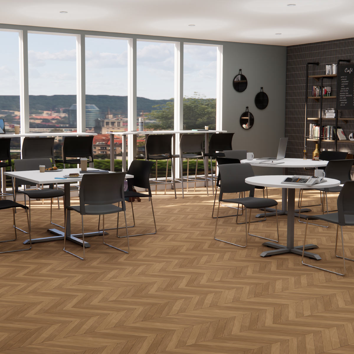a cafeteria filled with Cafe tables and Kaz cafe chairs and Kaz Stools in a variety of sizes and styles 1200x1200px