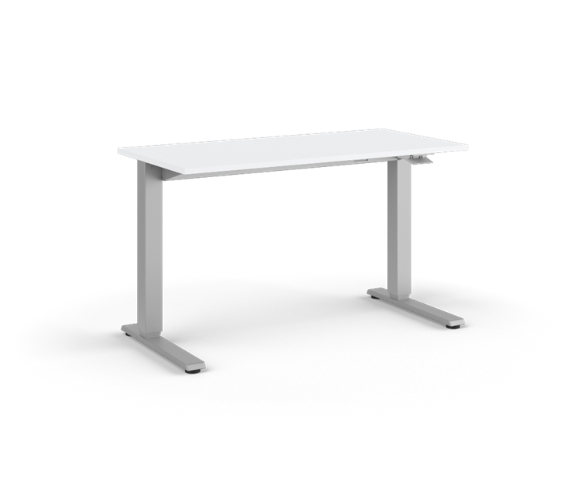 A minimalist white standing desk with a sleek design and T-shaped gray legs. The desk appears modern and functional, conveying simplicity and elegance.