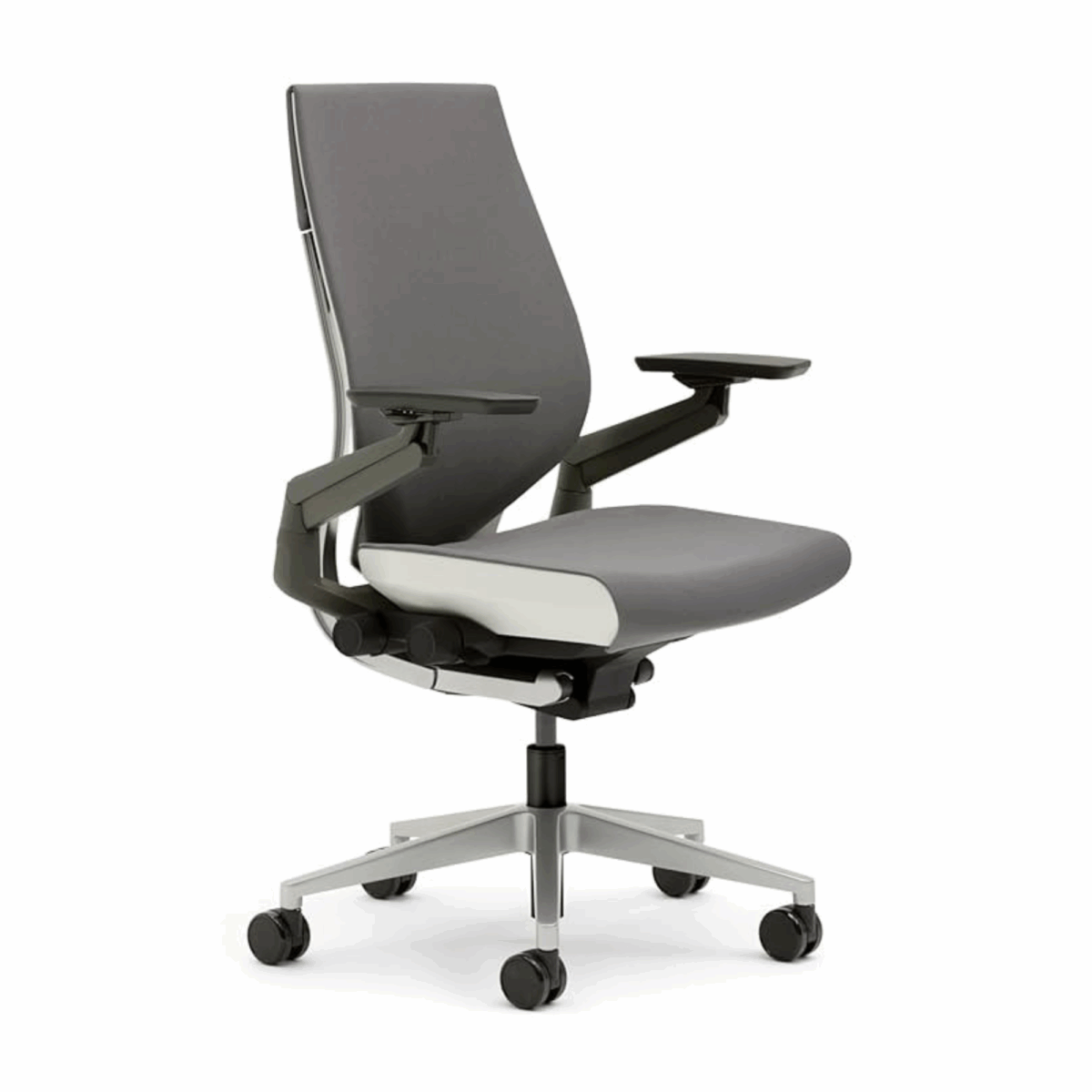 A modern ergonomic office chair with a sleek gray seat and backrest, adjustable armrests, and a five-wheel base, exuding a professional, functional design.