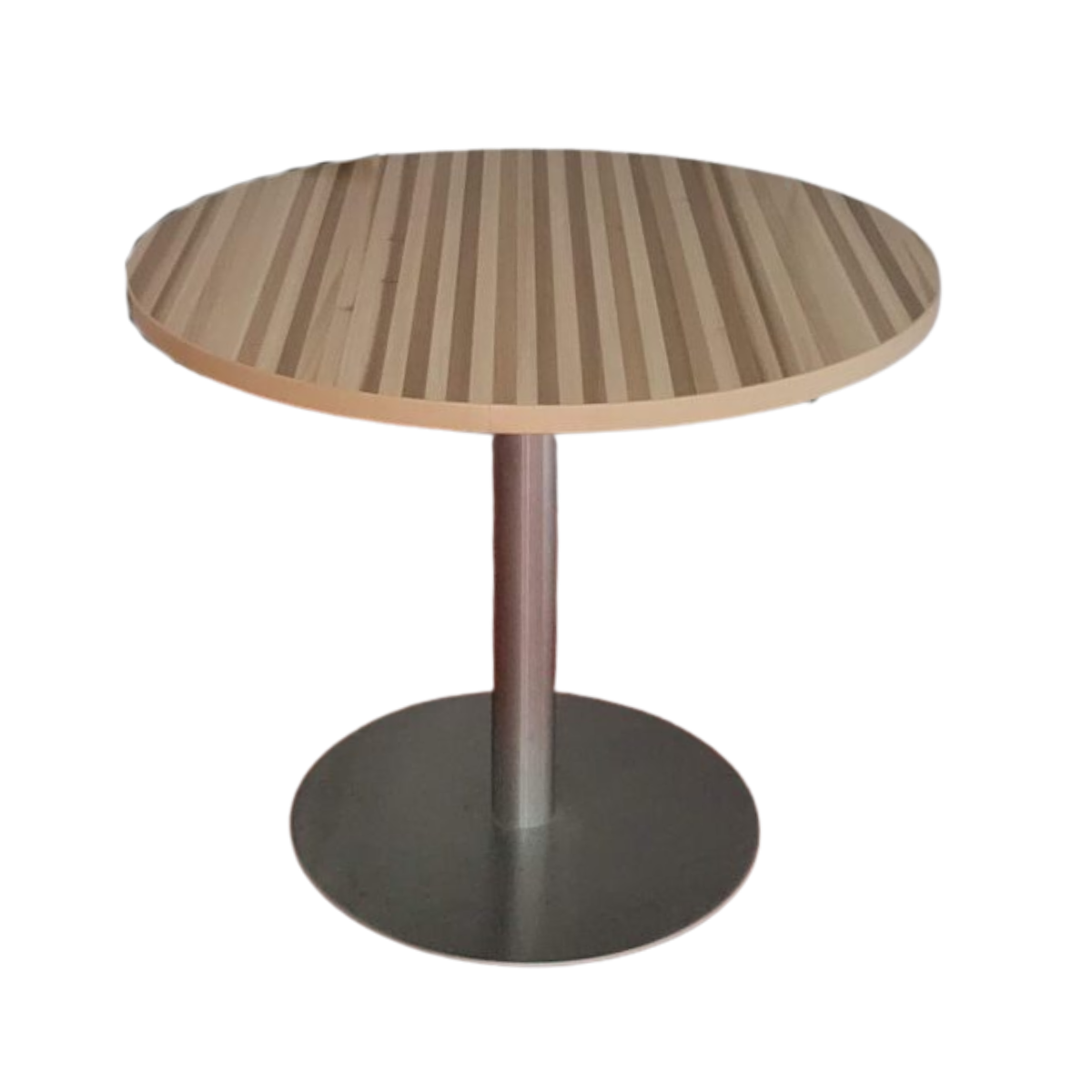 Round table with a striped wood top and a sleek metal pedestal base, giving a modern, minimalist vibe. The table is set against a plain, white background.