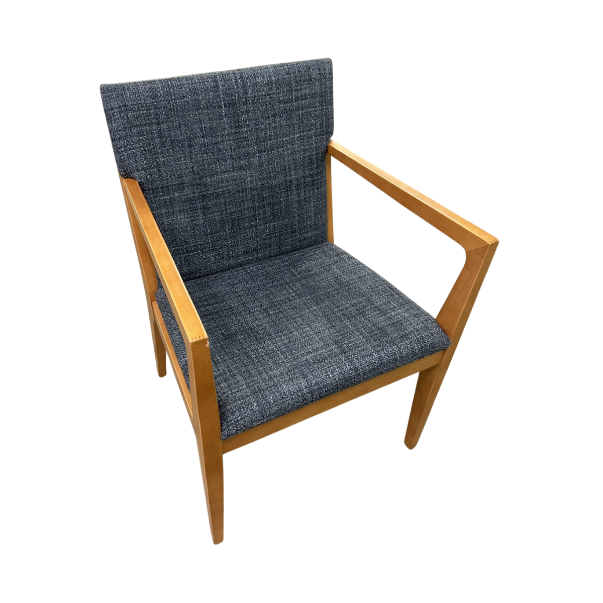 A modern armchair with a wooden frame and blue-gray upholstered seat and backrest. Clean lines and sleek design create a minimalist, comfortable feel.