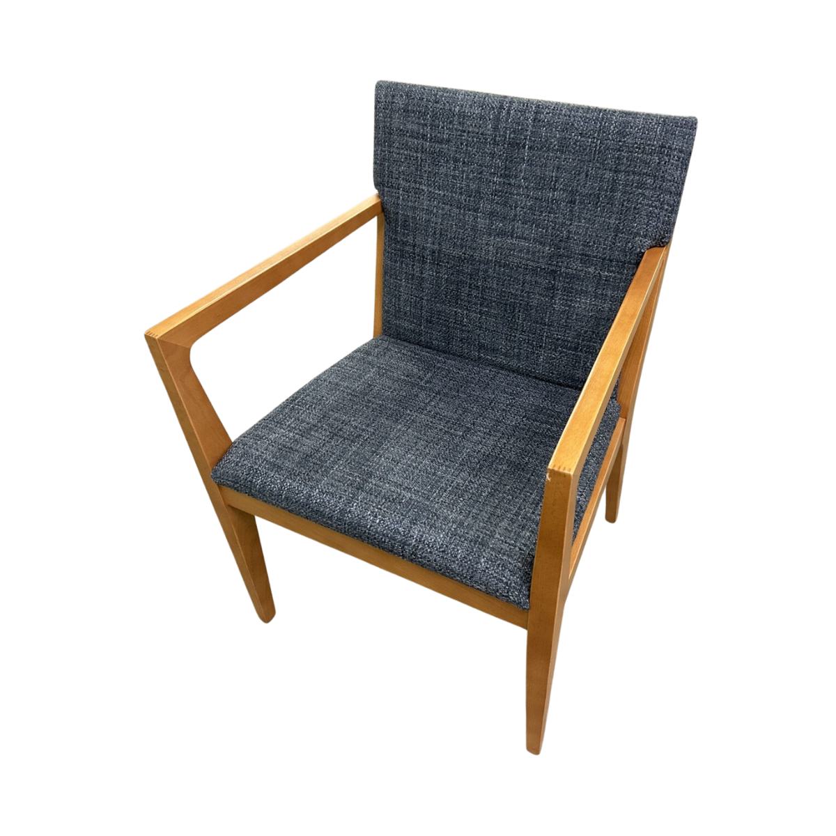 A modern armchair with a wooden frame and blue-gray upholstered seat and backrest. Clean lines and sleek design create a minimalist, comfortable feel.