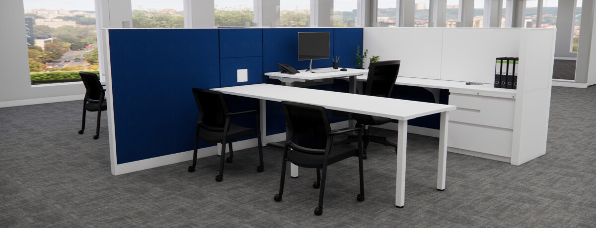 Remanufacture Steelcase Answer Workstations with Royal Blue and White Fabric with Sit Stand Desk surface and storage 2400 w x920h
