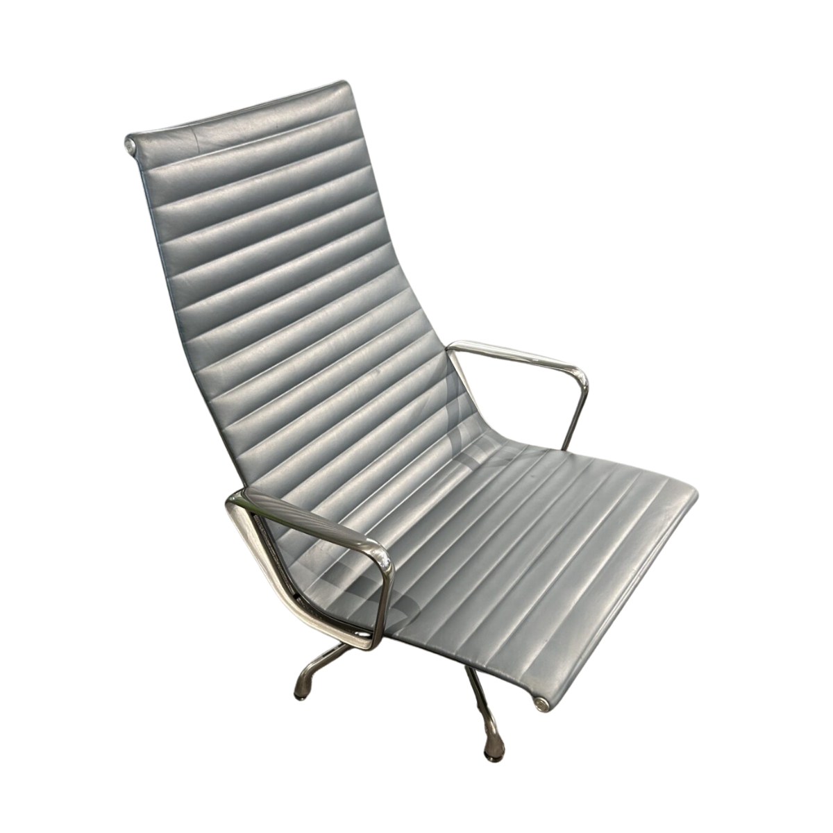 Sleek modern office chair with a high backrest and ribbed grey leather upholstery. Features shiny metal armrests and legs, conveying a minimalist style.