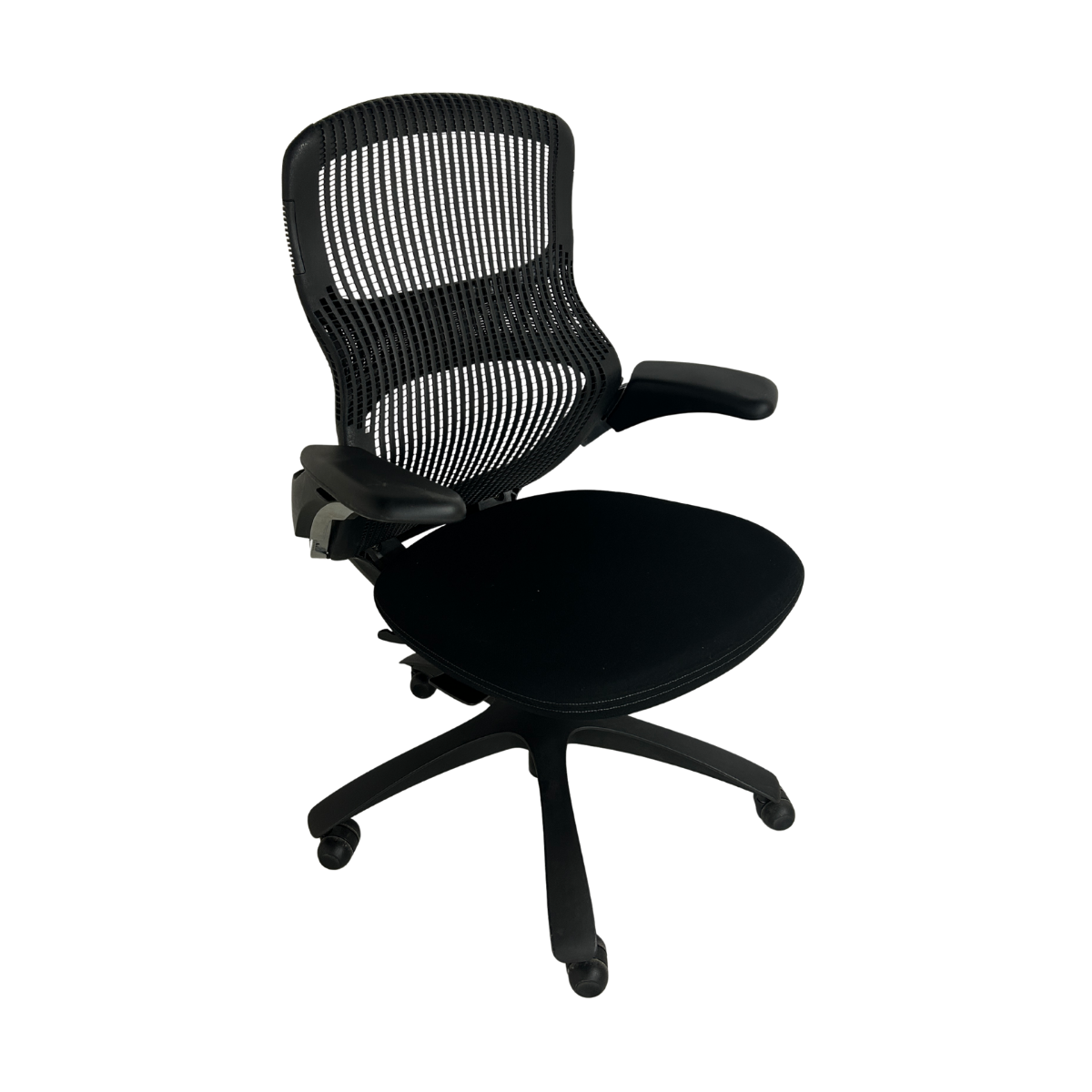 Ergonomic office chair with a black mesh backrest and seat, featuring adjustable armrests and a five-wheel base, conveying modern comfort.