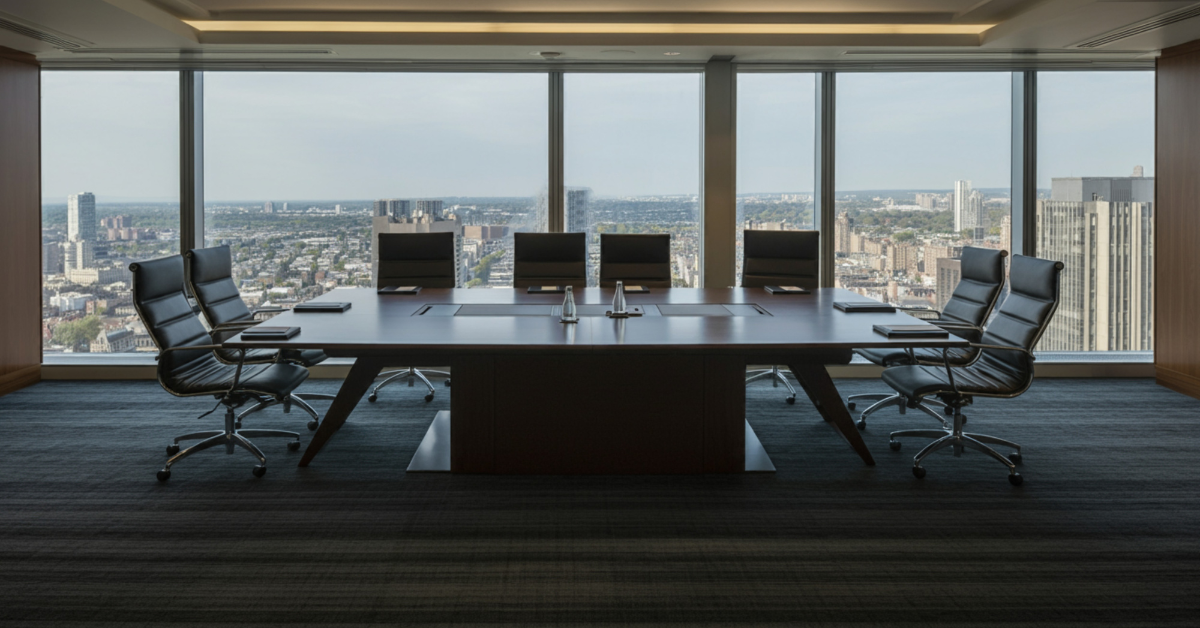 A spacious, modern conference room with a large wooden table and eight sleek office chairs, set against tall windows showcasing a vast city skyline.