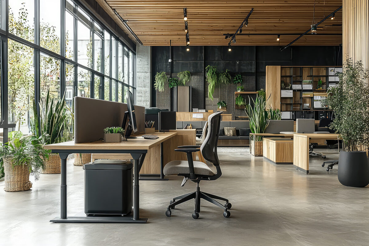 Modern open-plan office with wooden desks, ergonomic chairs, large windows, indoor plants, and shelves, creating a bright and spacious work environment.