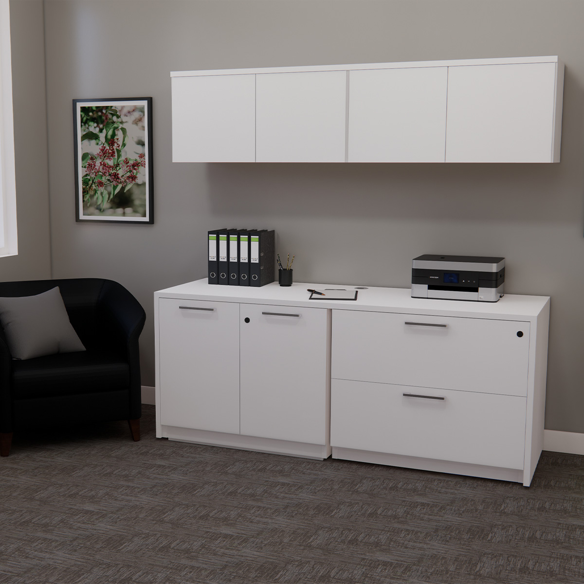 Designer White Overhead Storage Cabinet and Credenza with Lateral File and Storage Cabinets