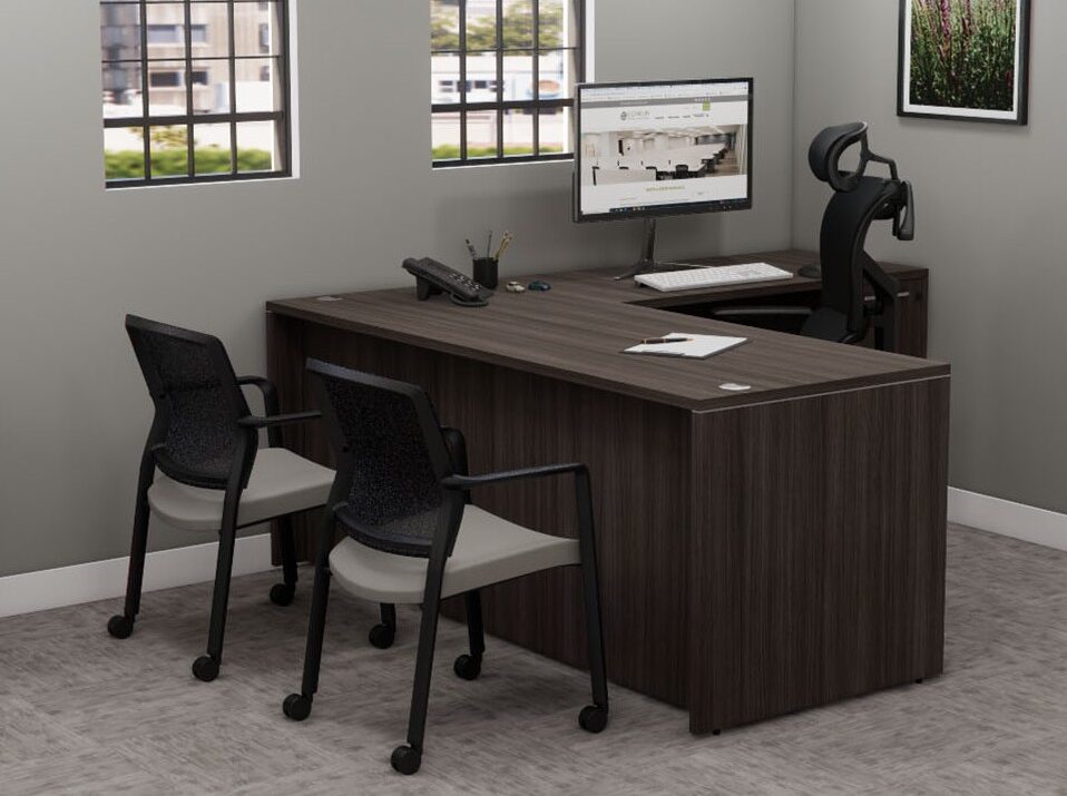 Skyline L Shape Desk in Private Office with Nelly Customizable Side chairs and Lateral Files for Storage 3200w x 1200h e1774616736538