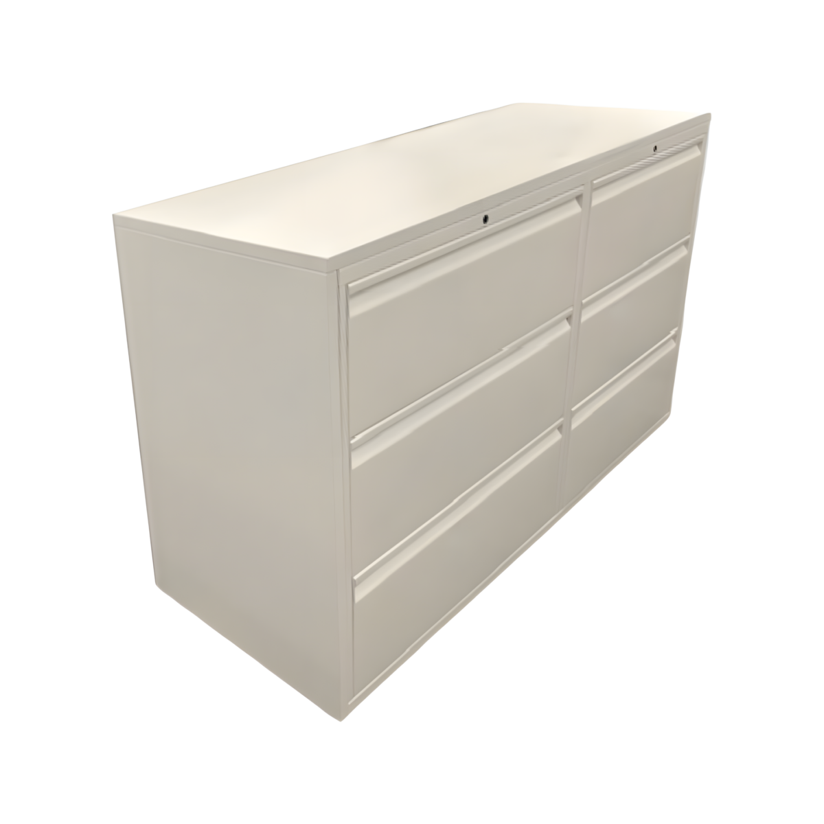 Knoll Calibre white metal lateral file cabinet with three locking drawers, commercial office filing storage unit with clean modern design.