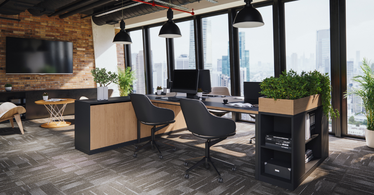 Modern office with large windows revealing a cityscape, featuring sleek desks, black chairs, and indoor plants, conveying a professional and fresh atmosphere.