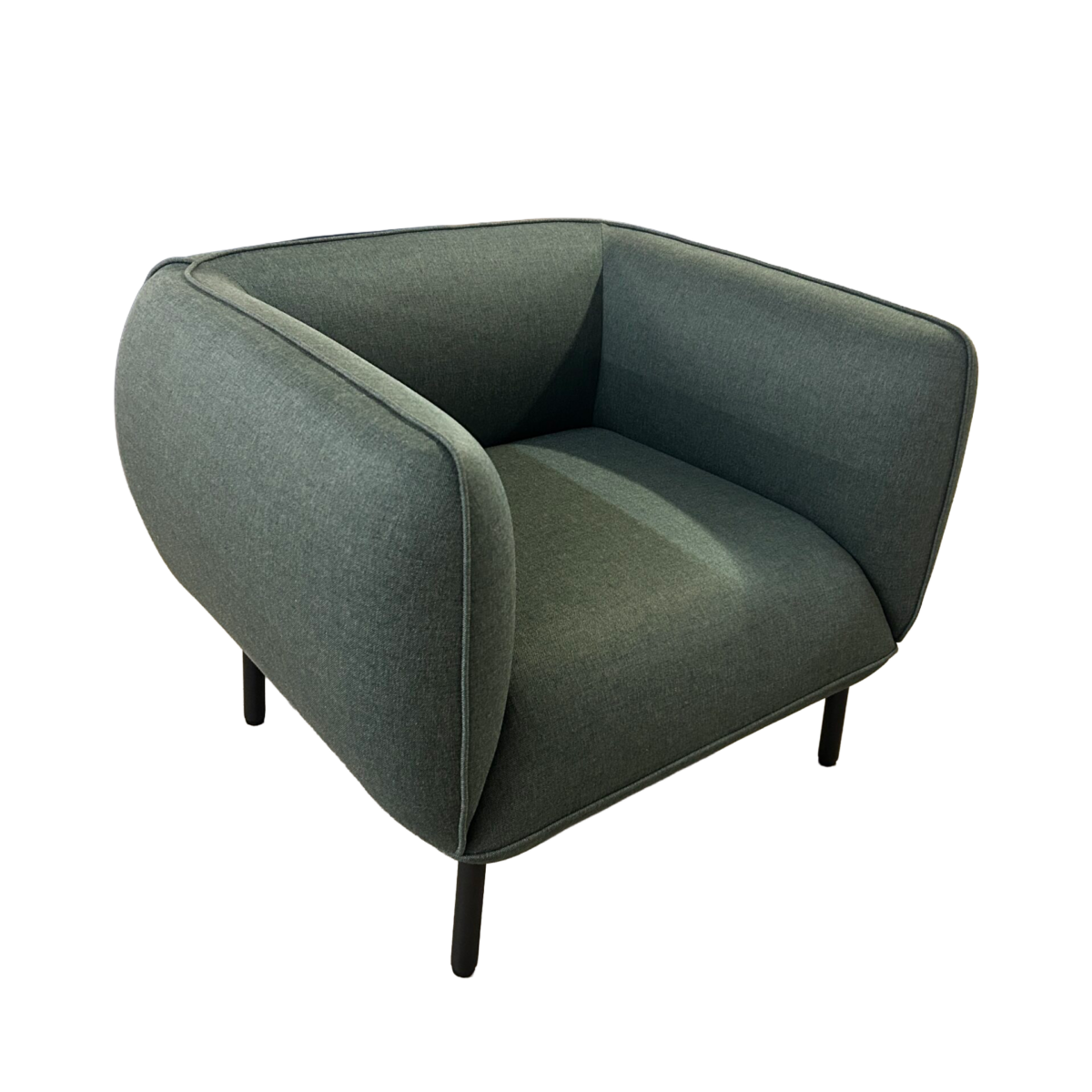 Modern upholstered lounge chair with curved arms, soft green fabric, and black tapered legs.