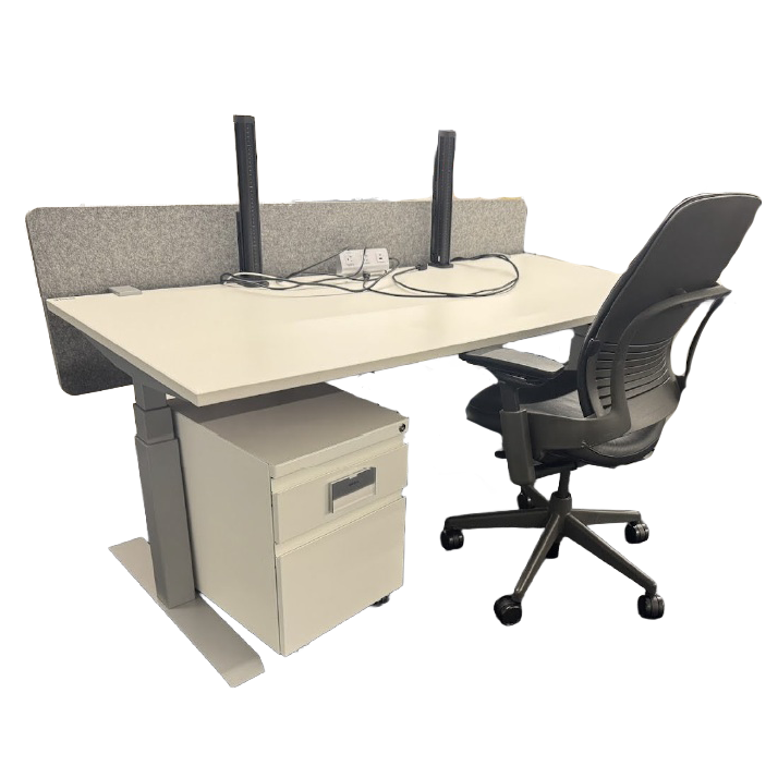 Modern office cubicle workstation with curved desk surface, privacy panel, rolling chair, and under-desk storage pedestal.