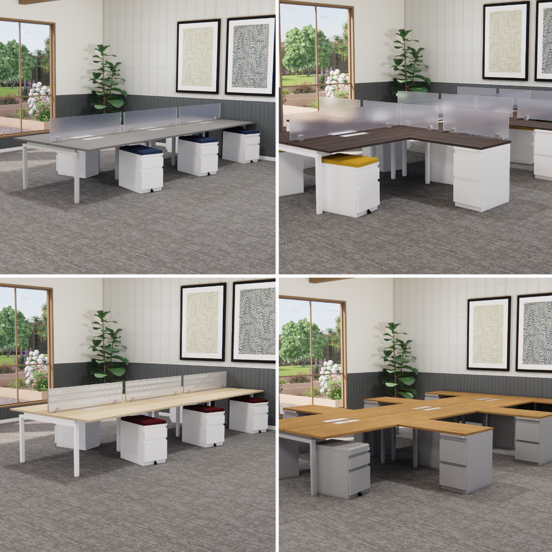 Office benching workstations with white laminate desks, fabric privacy panels and storage pedestals shown in multiple layout configurations for collaborative workspace design at Conklin Office Furniture