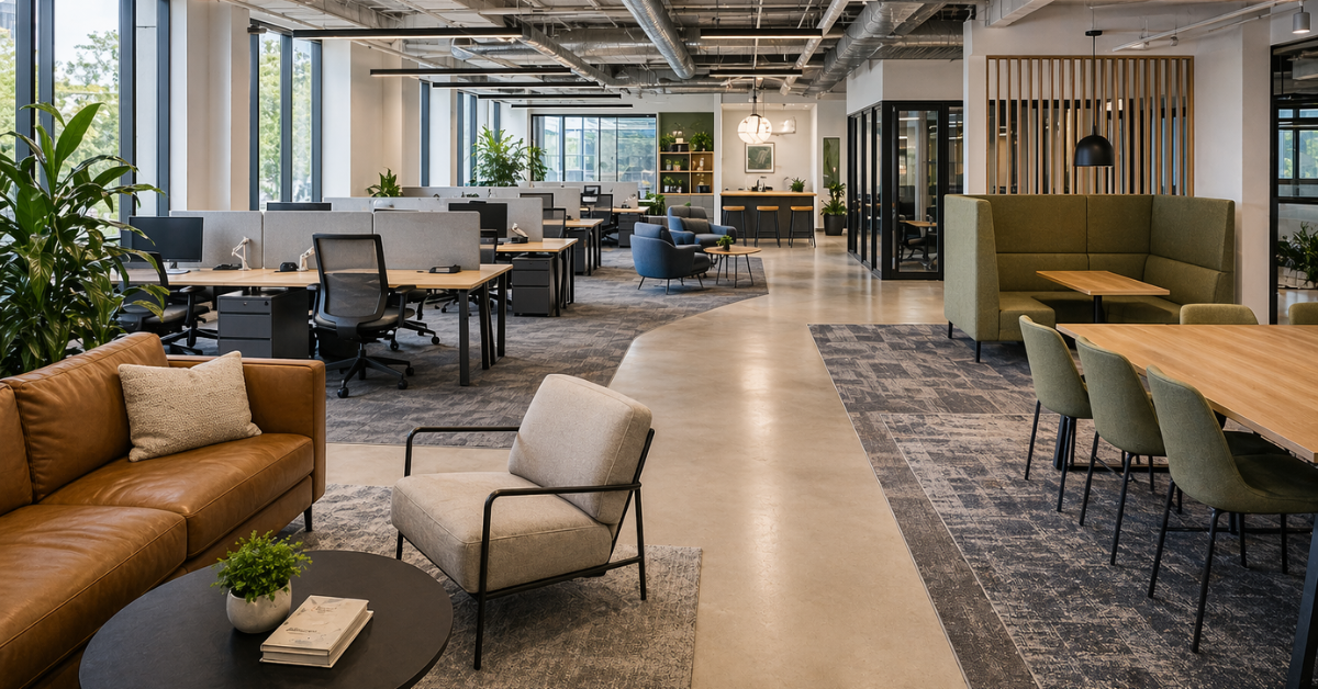 Modern office with zoned workspace layout featuring open workstations, lounge seating, collaboration areas, and private booths in a bright, flexible work environment