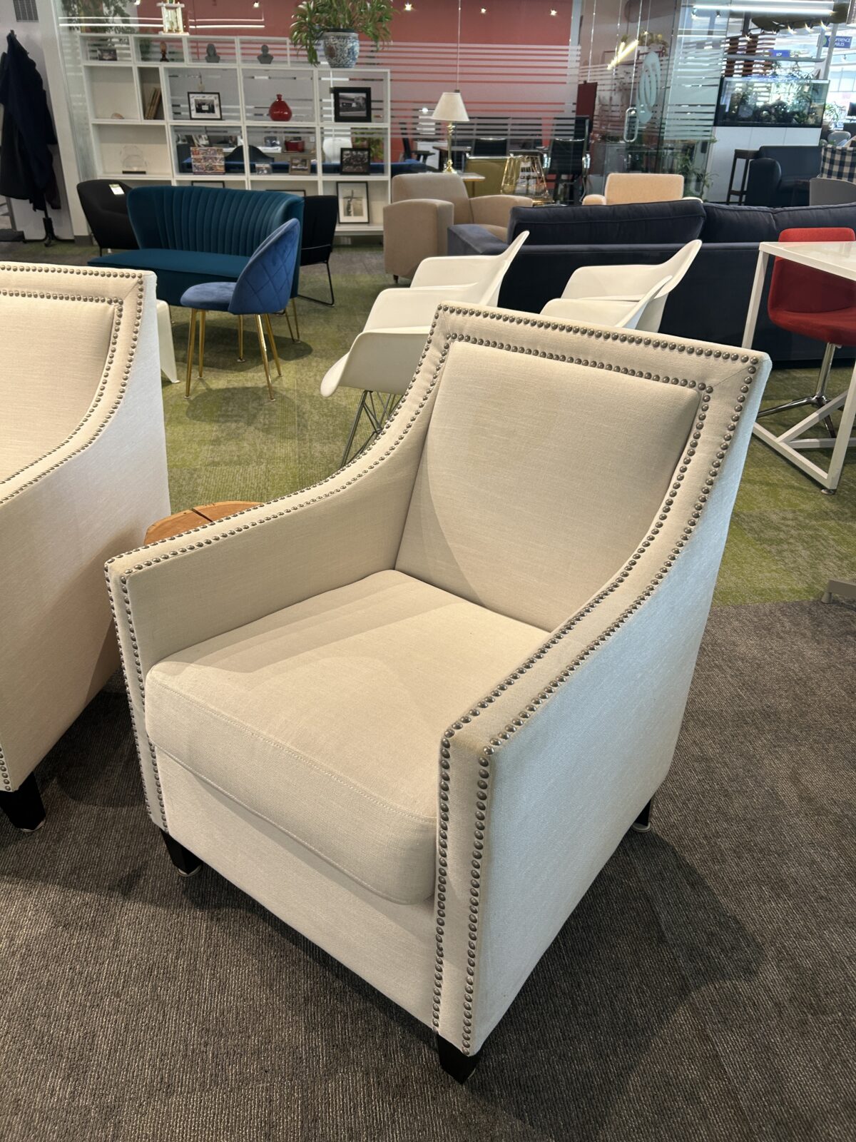 Cream Fabric Club Chair with Nailhead Trim photo
