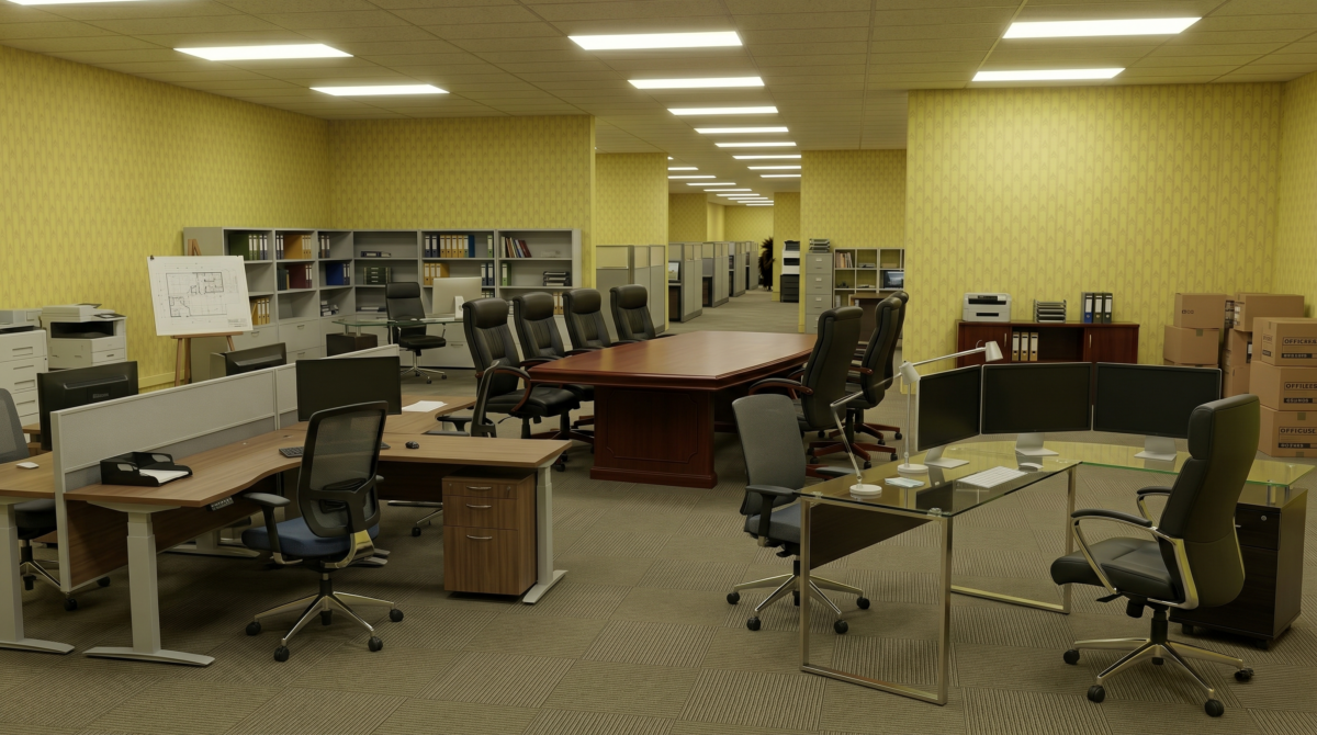 Backrooms office design featuring desks, cubicles, conference tables, ergonomic chairs, and office furniture