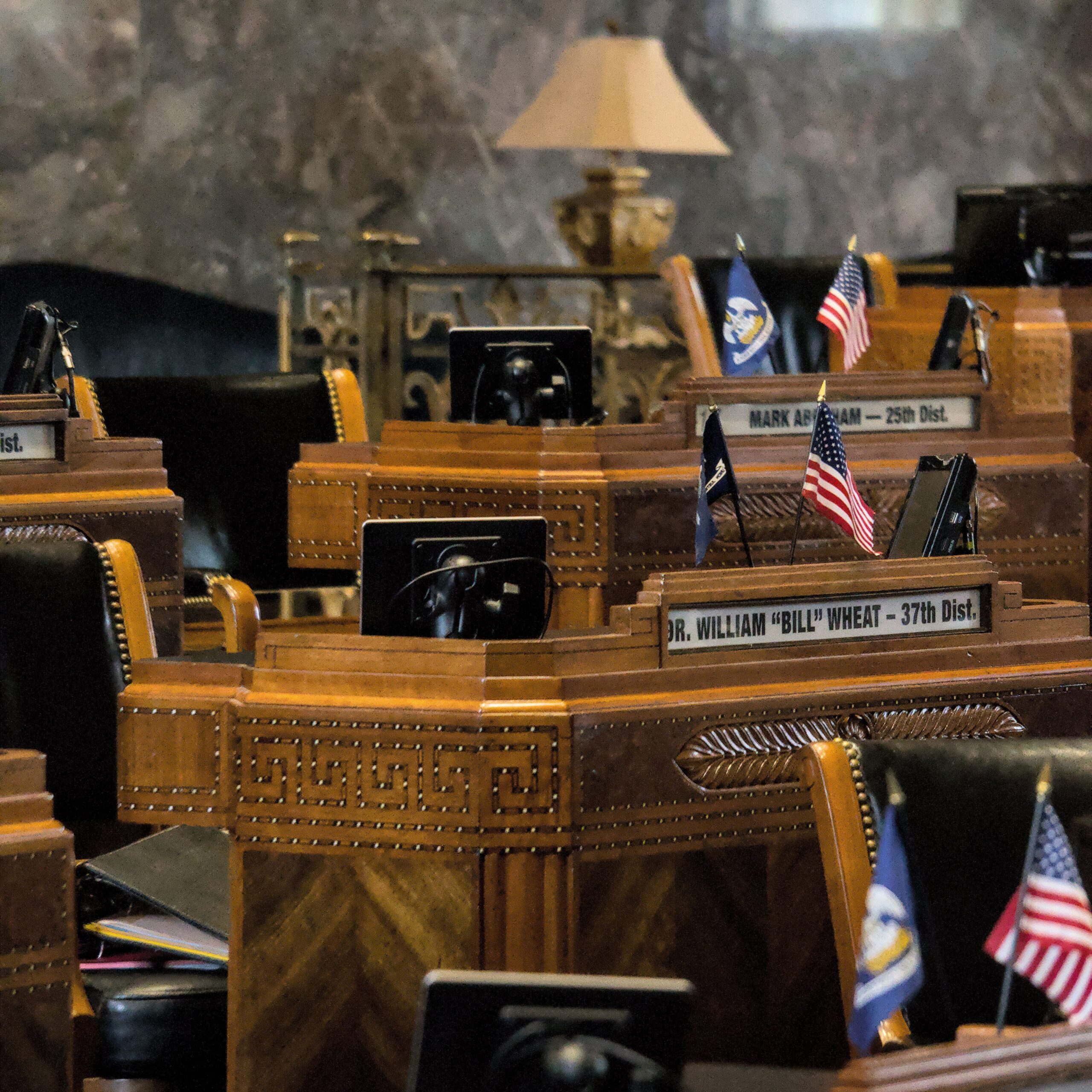 Elegant legislative chamber with desks and flags